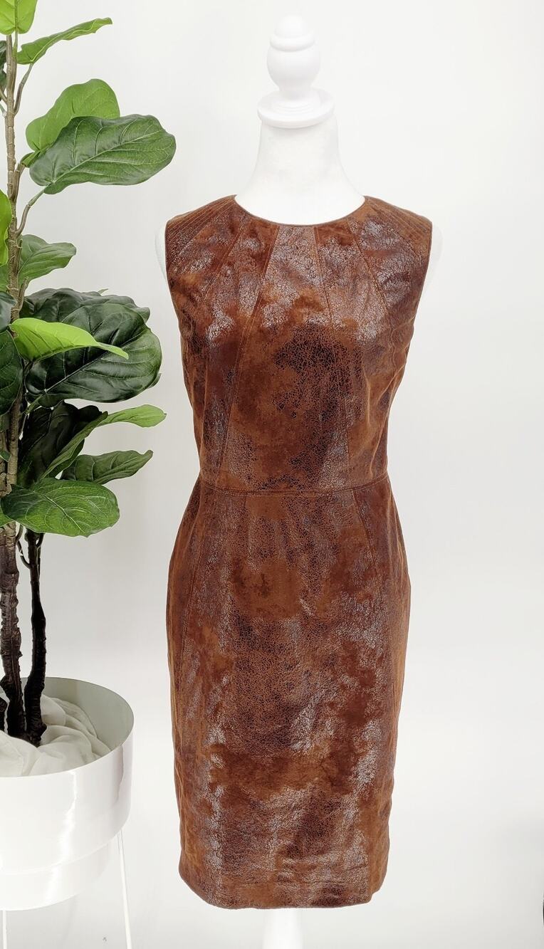 Vince Camuto Womens Brown Faux Leather Knee Length Sleeveless Sheath Dress Sz 10